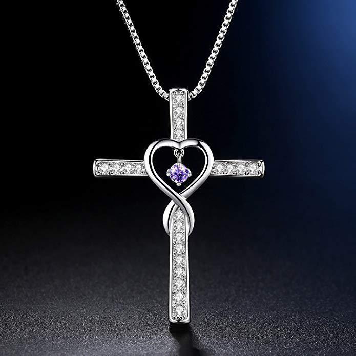 Infinity Love God We Trust Christian Cross Birthstone Crystal Pendant Necklace Colour Gems Zircon Heart Necklace Women Jewelry