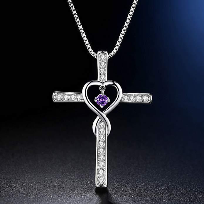 Infinity Love God We Trust Christian Cross Birthstone Crystal Pendant Necklace Colour Gems Zircon Heart Necklace Women Jewelry