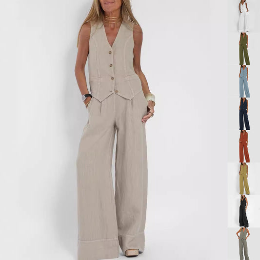 Summer Vest Suits V-neck Botton Sleeveless Top And Loose Straight Trousers Casual Womens Clothing