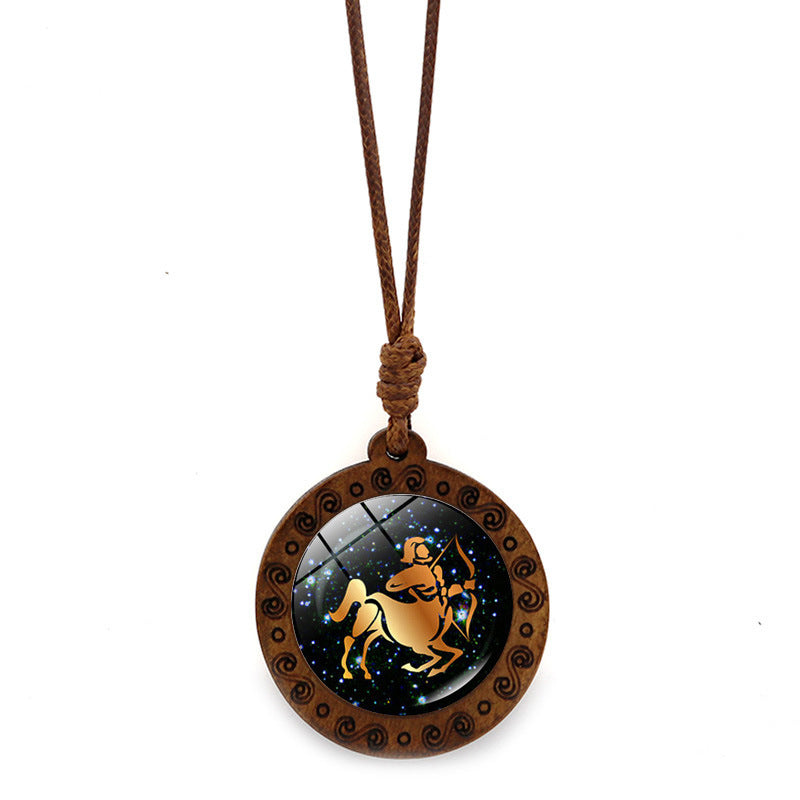 Twelve Constellation Crystal Wooden Necklace Ornament